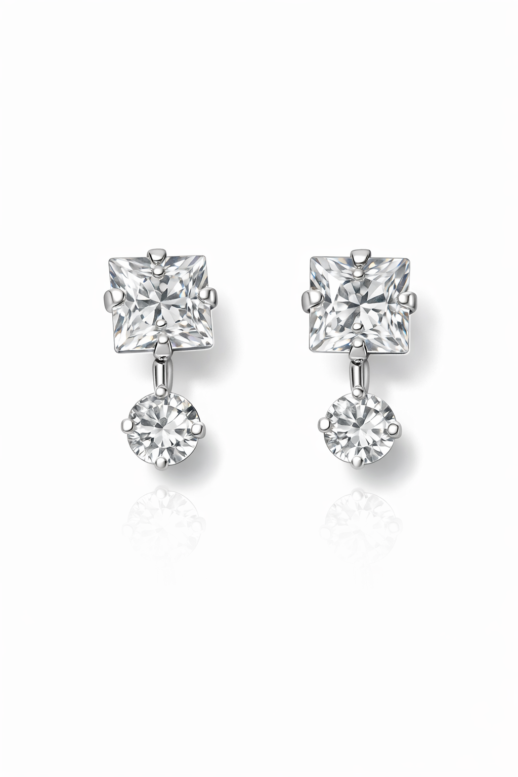 Aretes Plata .925 Zirconia Corte Cuadrado Elegante – Doble Piedra Colgante