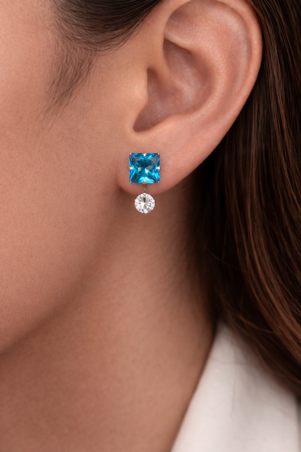 Aretes Plata .925 Zirconia Corte Cuadrado Elegante – Doble Piedra Colgante
