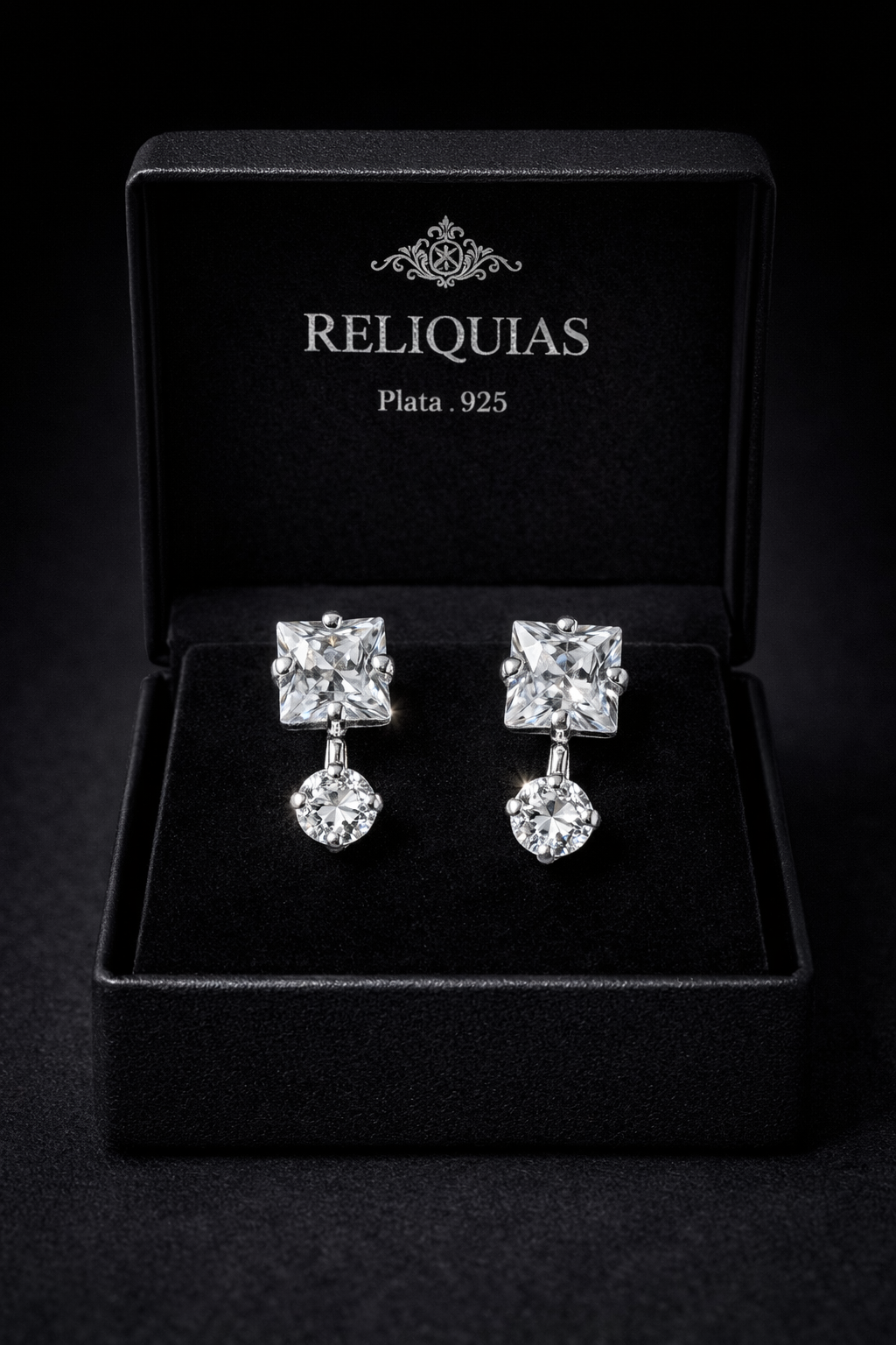 Aretes Plata .925 Zirconia Corte Cuadrado Elegante – Doble Piedra Colgante