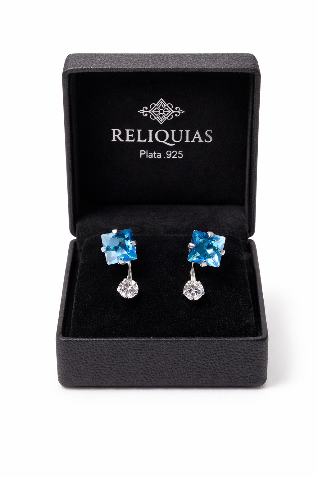 Aretes Plata .925 Zirconia Corte Cuadrado Elegante – Doble Piedra Colgante