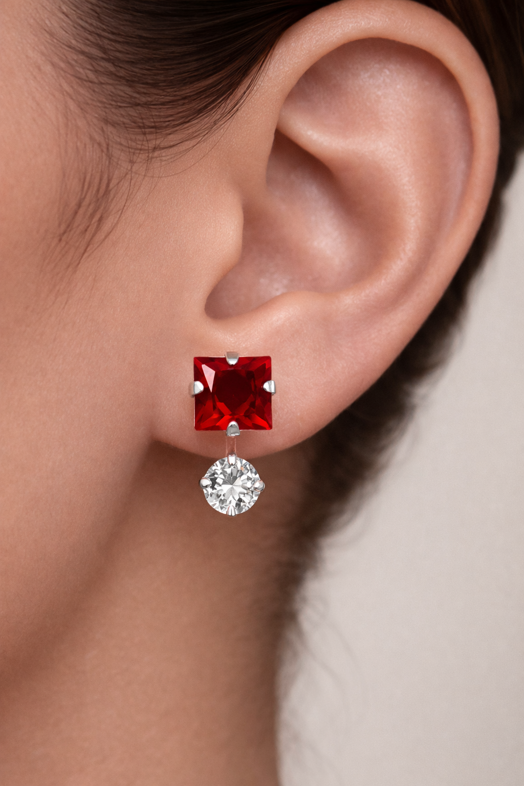Aretes Plata .925 Zirconia Corte Cuadrado Elegante – Doble Piedra Colgante