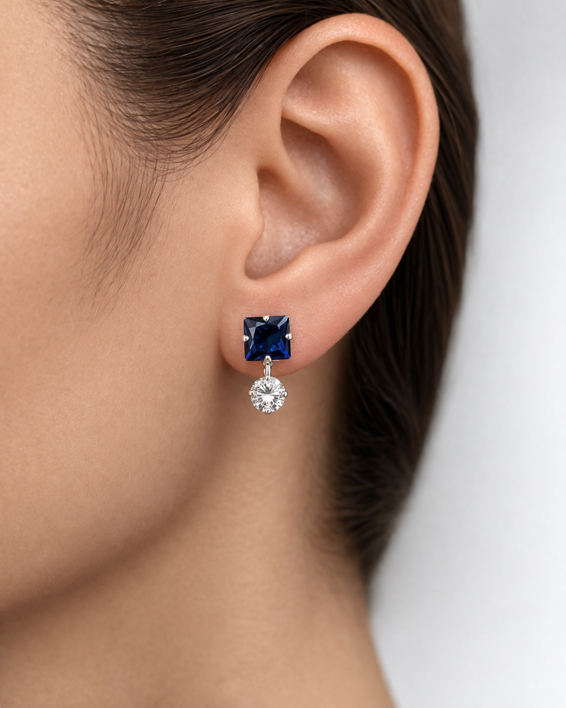 Aretes Plata .925 Zirconia Corte Cuadrado Elegante – Doble Piedra Colgante