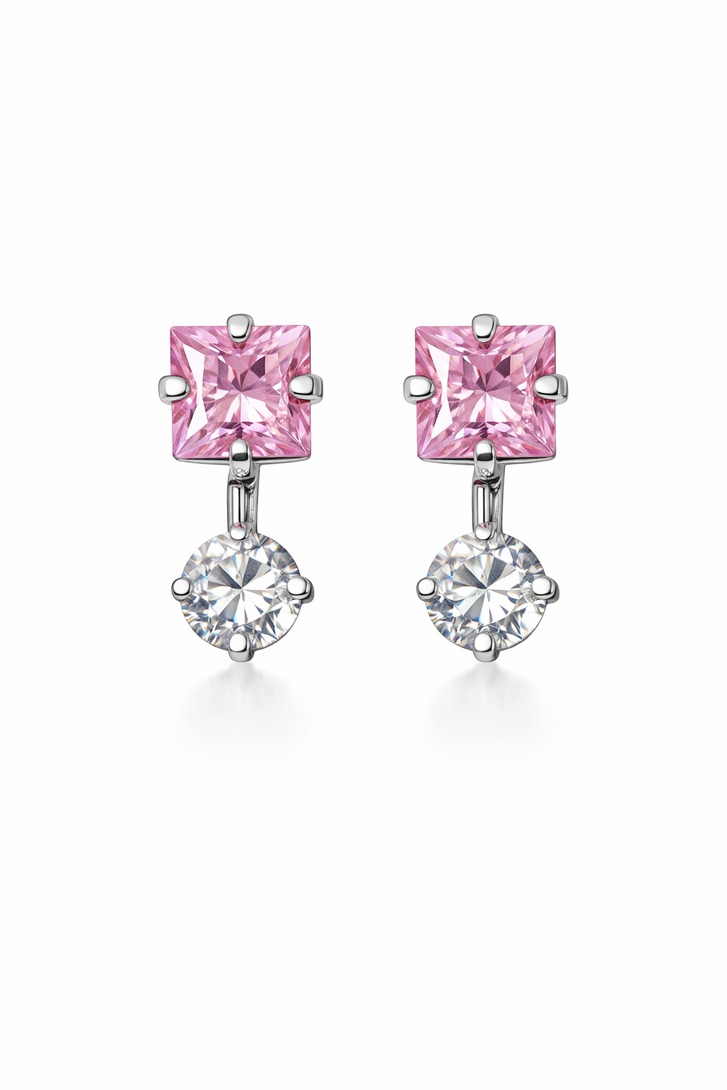Aretes Plata .925 Zirconia Corte Cuadrado Elegante – Doble Piedra Colgante