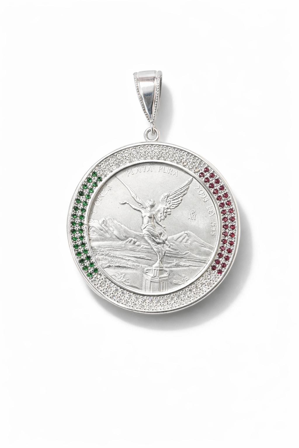 Dije Onza Libertad Plata .999 con Bisel Tricolor Zirconia