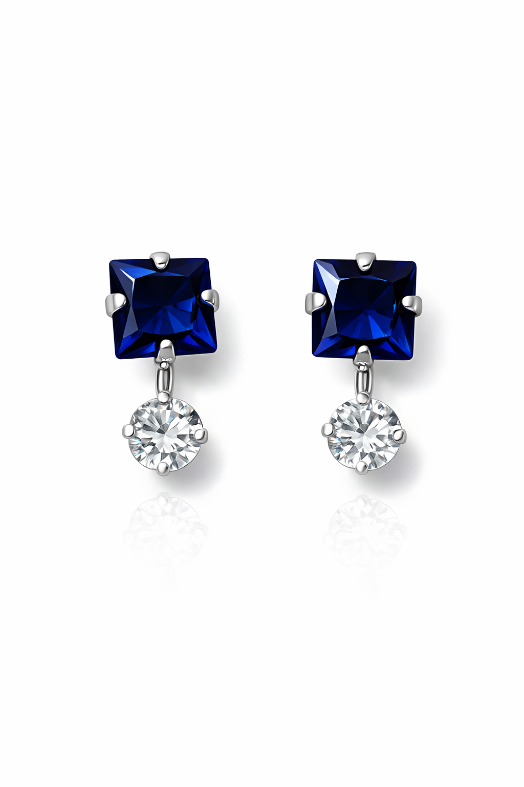 Aretes Plata .925 Zirconia Corte Cuadrado Elegante – Doble Piedra Colgante