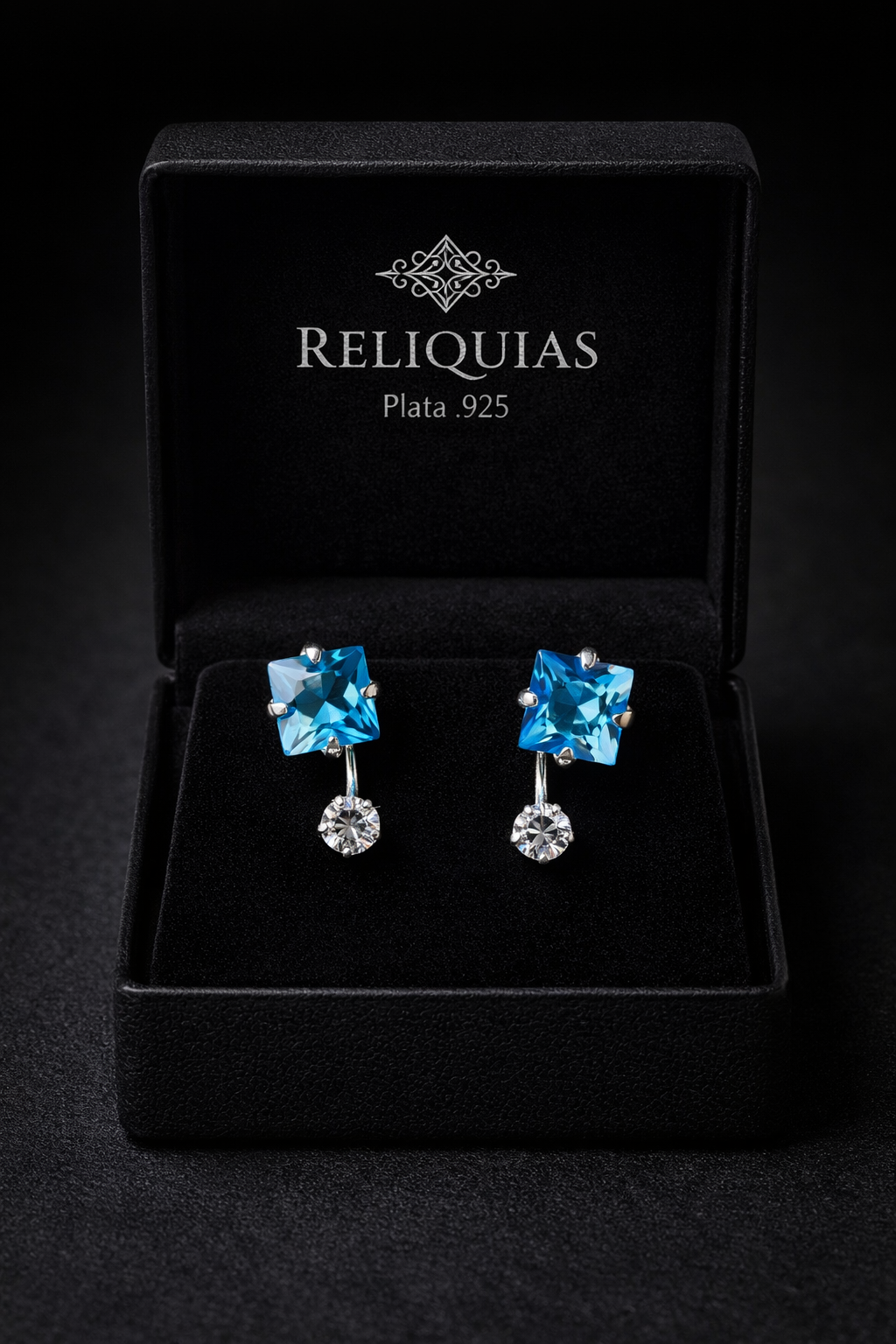 Aretes Plata .925 Zirconia Corte Cuadrado Elegante – Doble Piedra Colgante