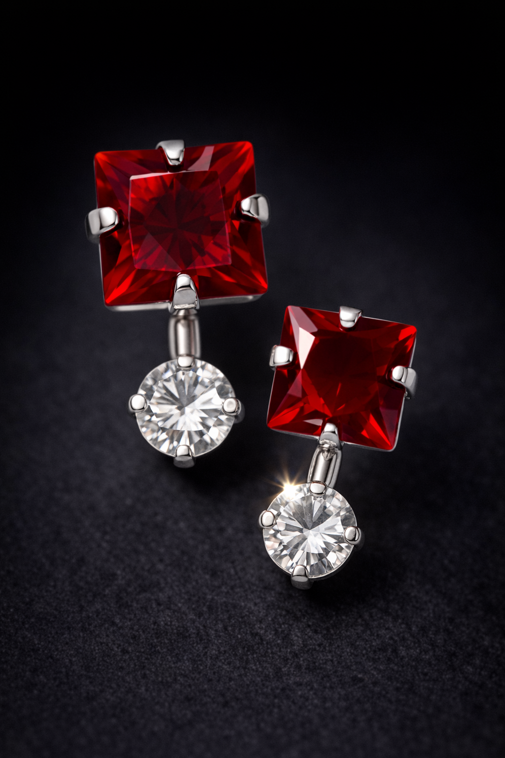 Aretes Plata .925 Zirconia Corte Cuadrado Elegante – Doble Piedra Colgante