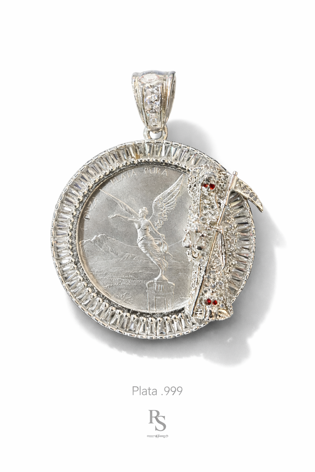 Dije Onza Libertad Plata .999 con Bisel Santa Muerte