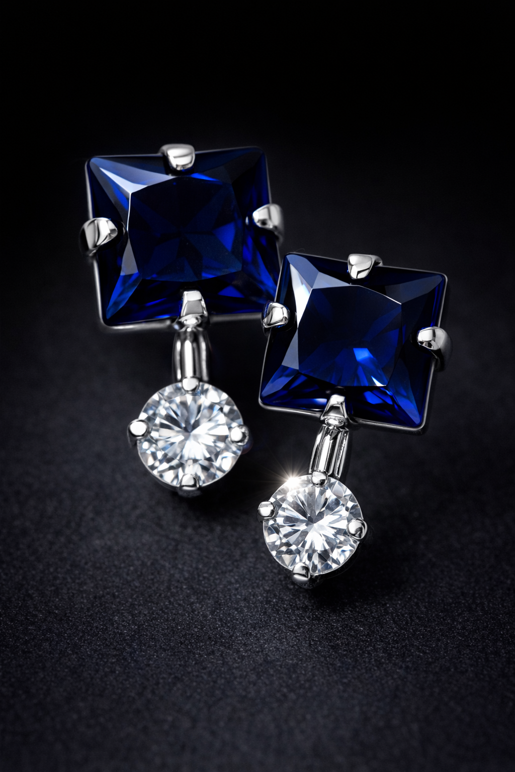Aretes Plata .925 Zirconia Corte Cuadrado Elegante – Doble Piedra Colgante