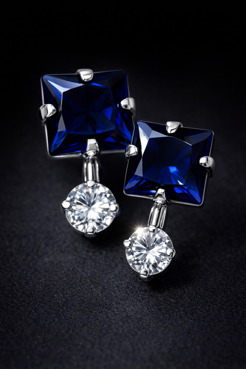Aretes Plata .925 Zirconia Corte Cuadrado Elegante – Doble Piedra Colgante